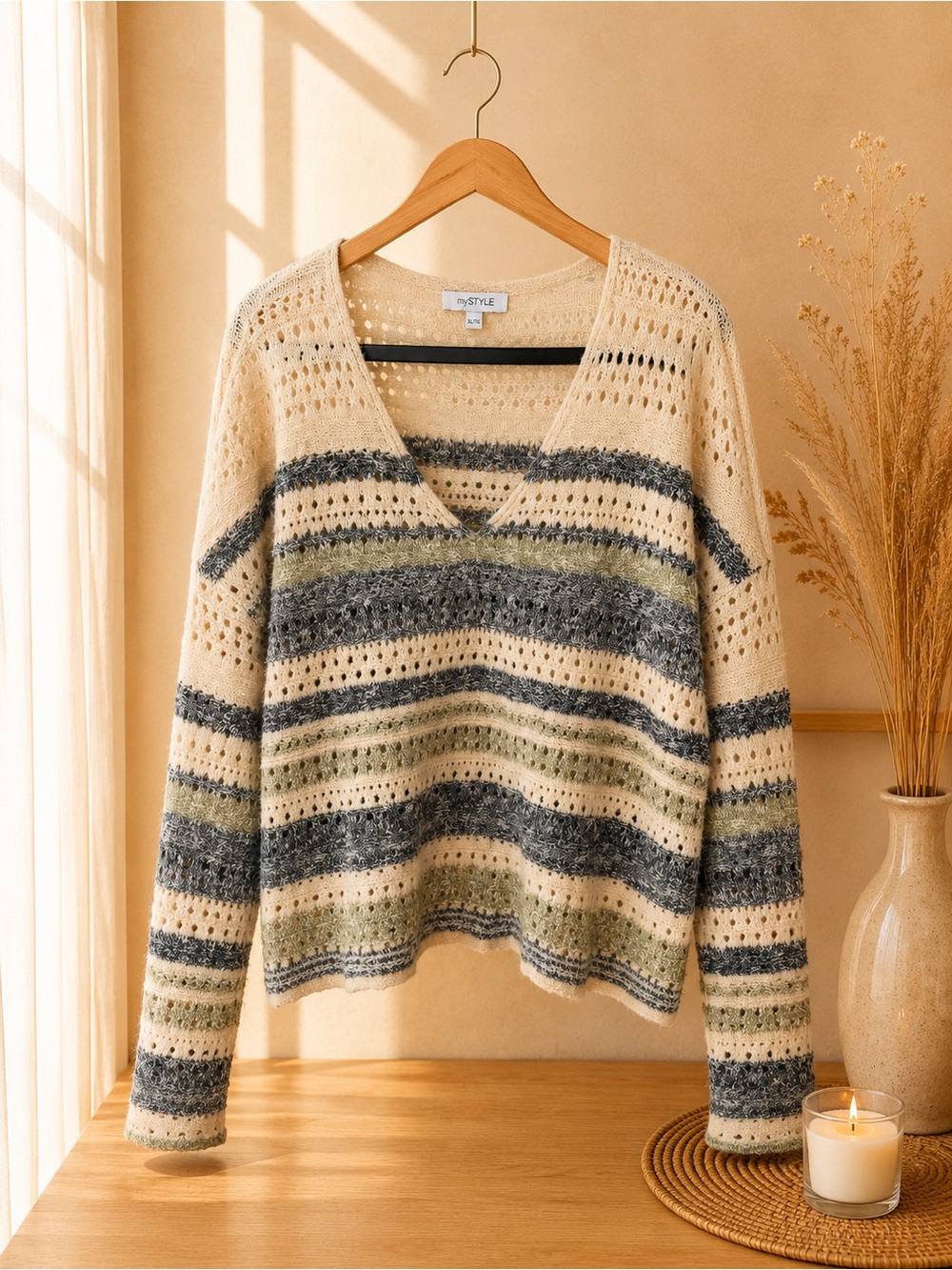 V-Neck Striped Openwork Sweater - - Cream, Gray & Olive